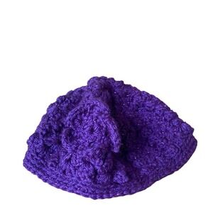 Handmade Purple Crochet Beanie – Sparkly Knit Hat with Flower Accent Y2K‎ Indie
